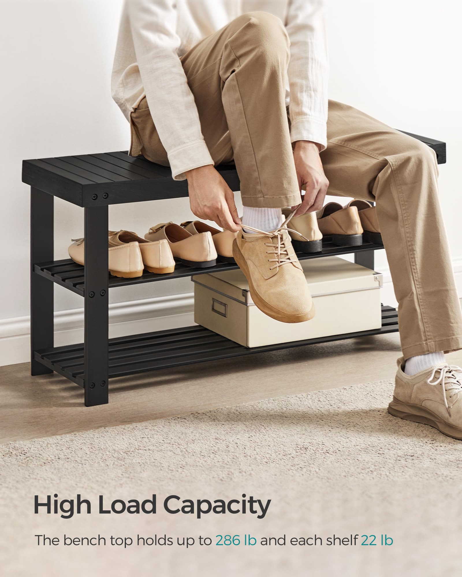 SONGMICS 3-tier bamboo shoe rack bench side view highlighting sturdy construction