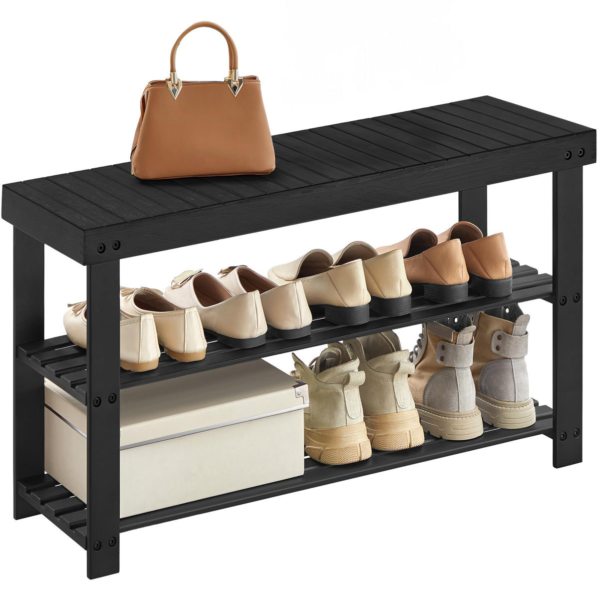 SONGMICS 3-tier bamboo shoe rack bench top view showing spacious storage for entryways