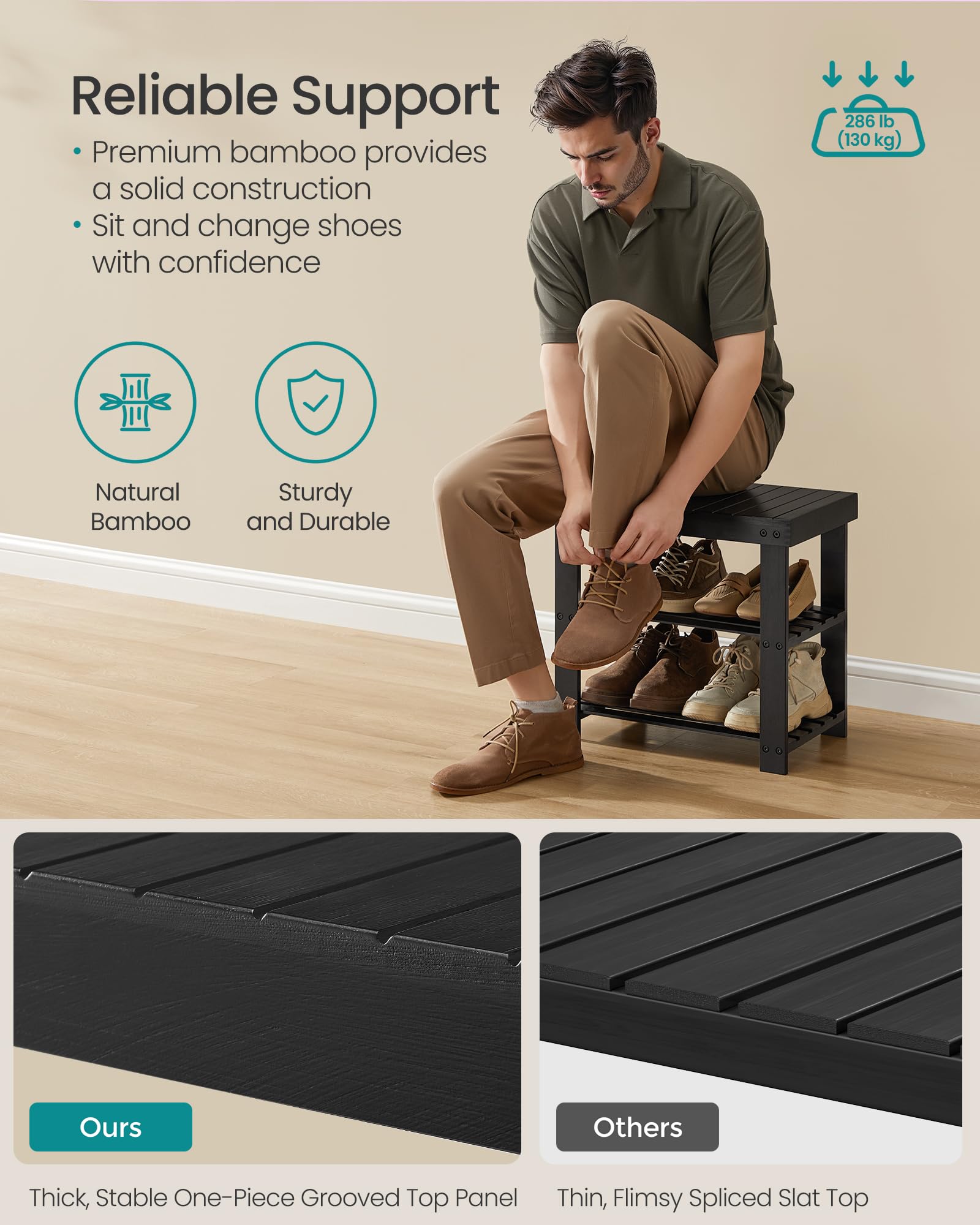 SONGMICS front view shows the two-tier design and accessible storage for shoes.