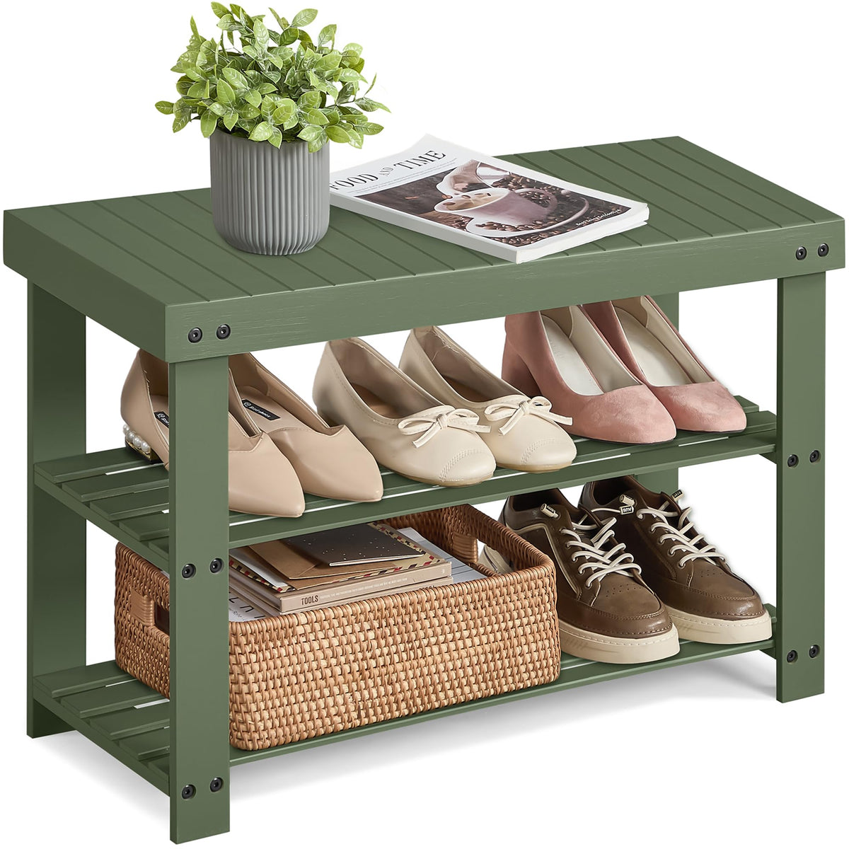 SongMics shoe rack bench front view showing two wide shelves for organized entryway storage