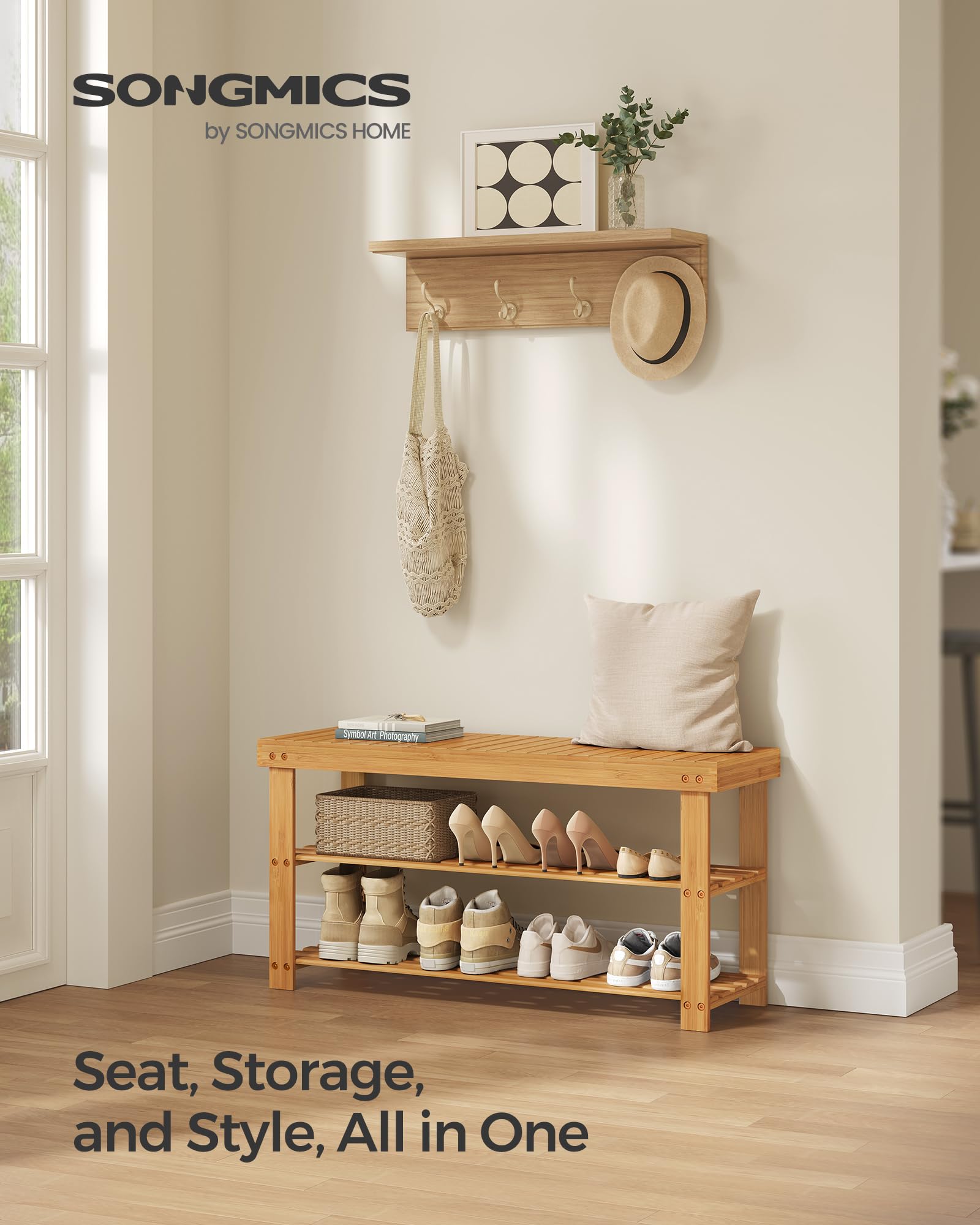SONGMICS bamboo bench side profile highlighting sturdy 3-tier design