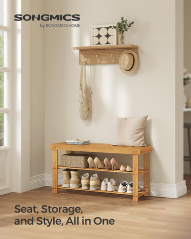 SONGMICS bamboo bench side profile highlighting sturdy 3-tier design