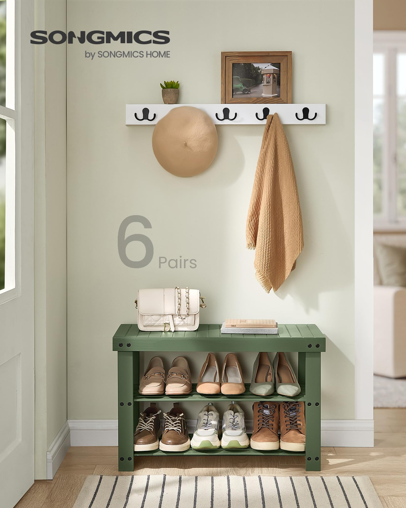 SongMics shoe rack bench side view highlights sturdy bamboo support for everyday footwear