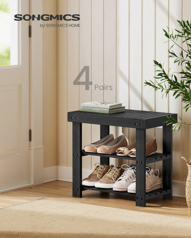 SONGMICS bench with side view reveals two spacious bamboo shelves for daily footwear.