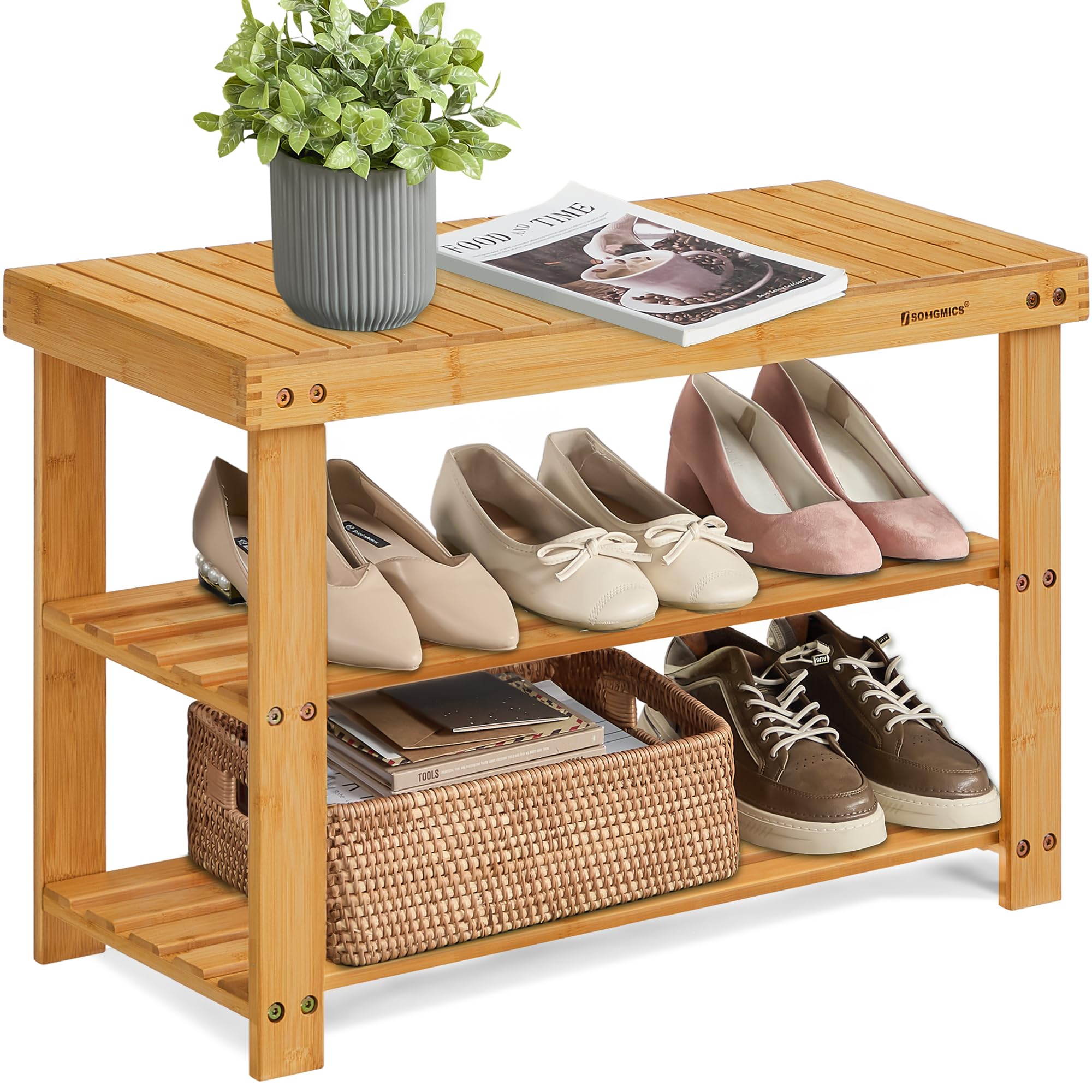 SONGMICS shoe rack bench top panel keeps bags and essentials within easy reach.