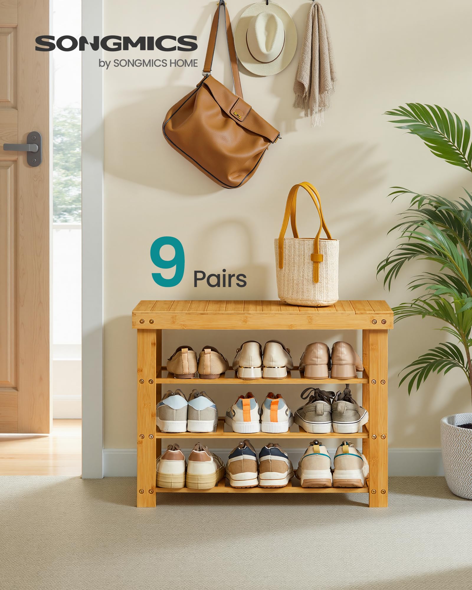 SONGMICS Shoe Rack Bench top surface used for bags and daily items.