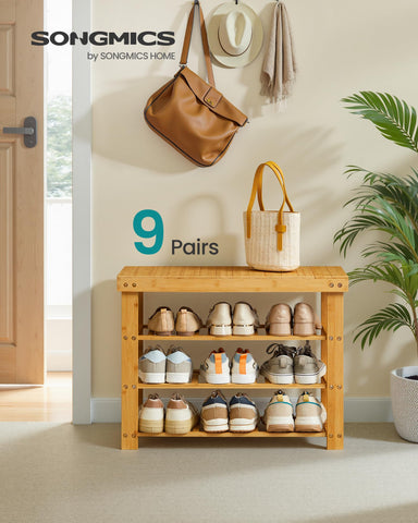 SONGMICS Shoe Rack Bench top surface used for bags and daily items.