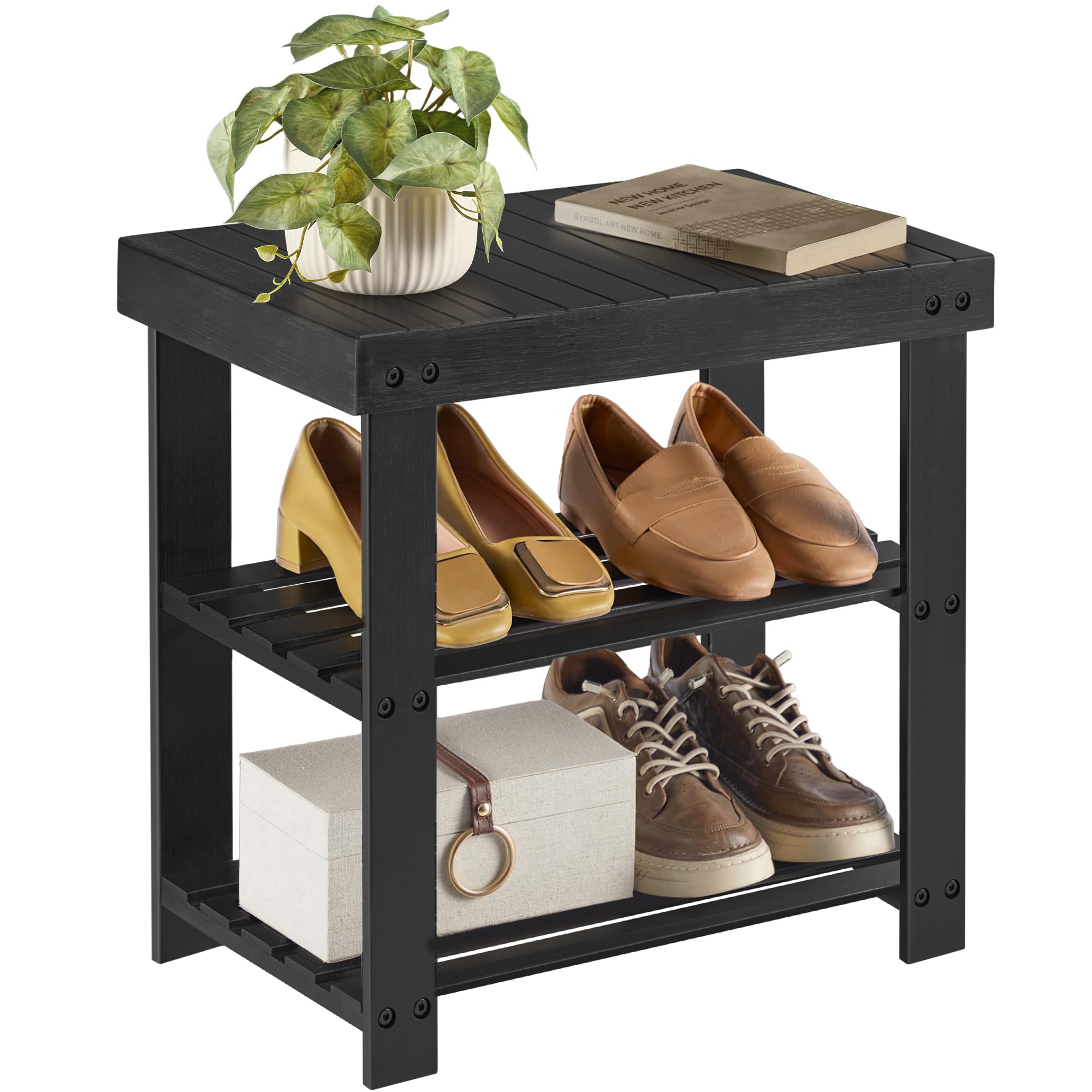 SONGMICS shoe rack bench top view highlights a sturdy bamboo surface for bags and shoes.