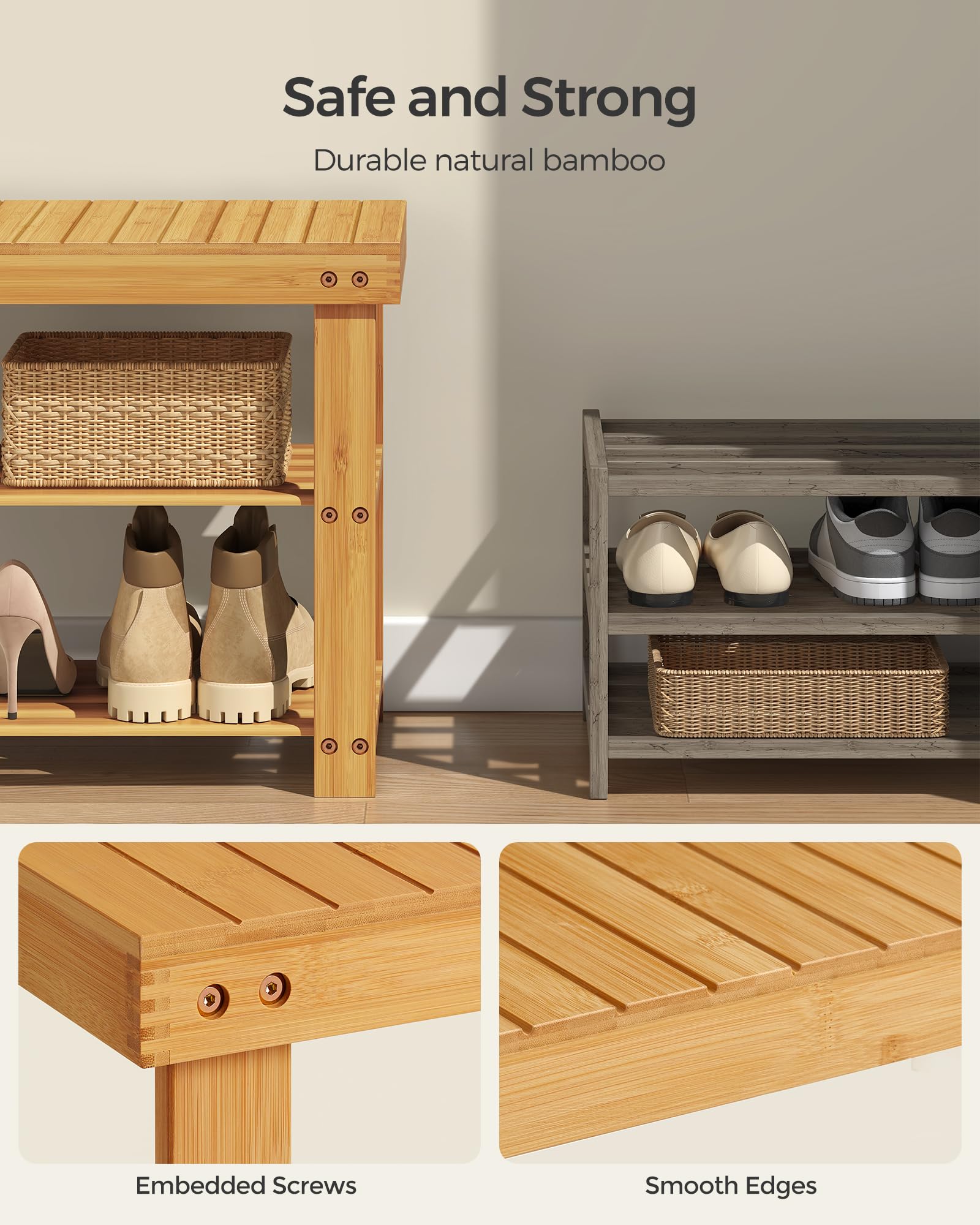 SONGMICS user tying shoes on the bench demonstrates stable seating