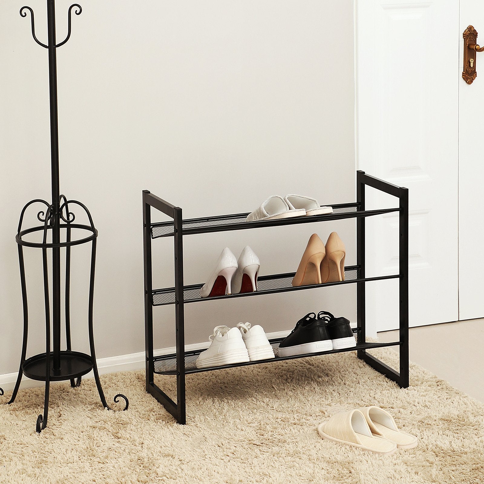 SONGMICS shoe rack ink black, side angle shows adjustable shelves for easy access.
