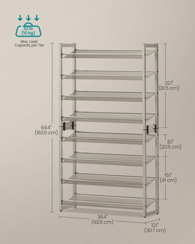 SONGMICS large capacity holds dozens of pairs in a compact footprint.