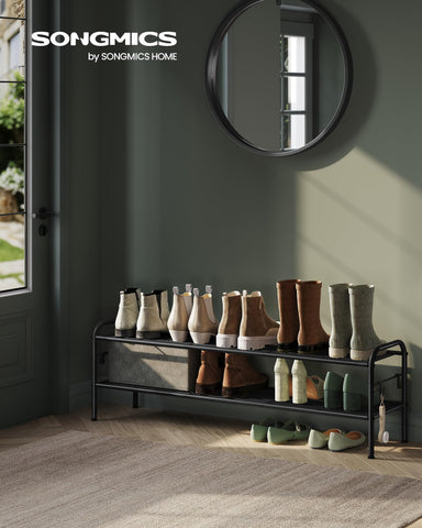 Songmics shoe rack with side hooks for brushes and accessories.