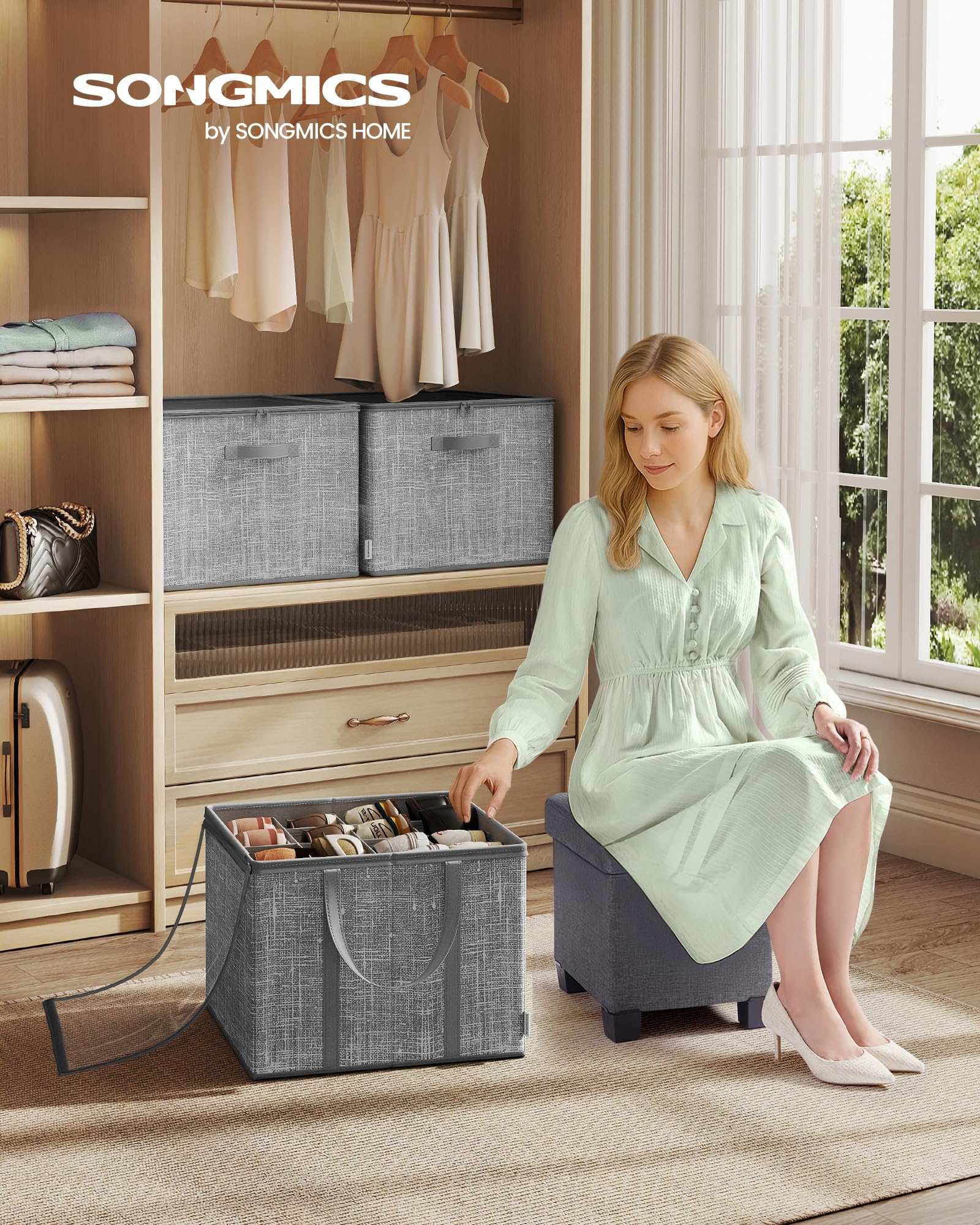 SONGMICS foldable shoe storage bin design for easy room-to-room transport.