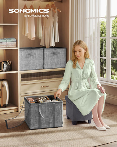 SONGMICS foldable shoe storage bin design for easy room-to-room transport.