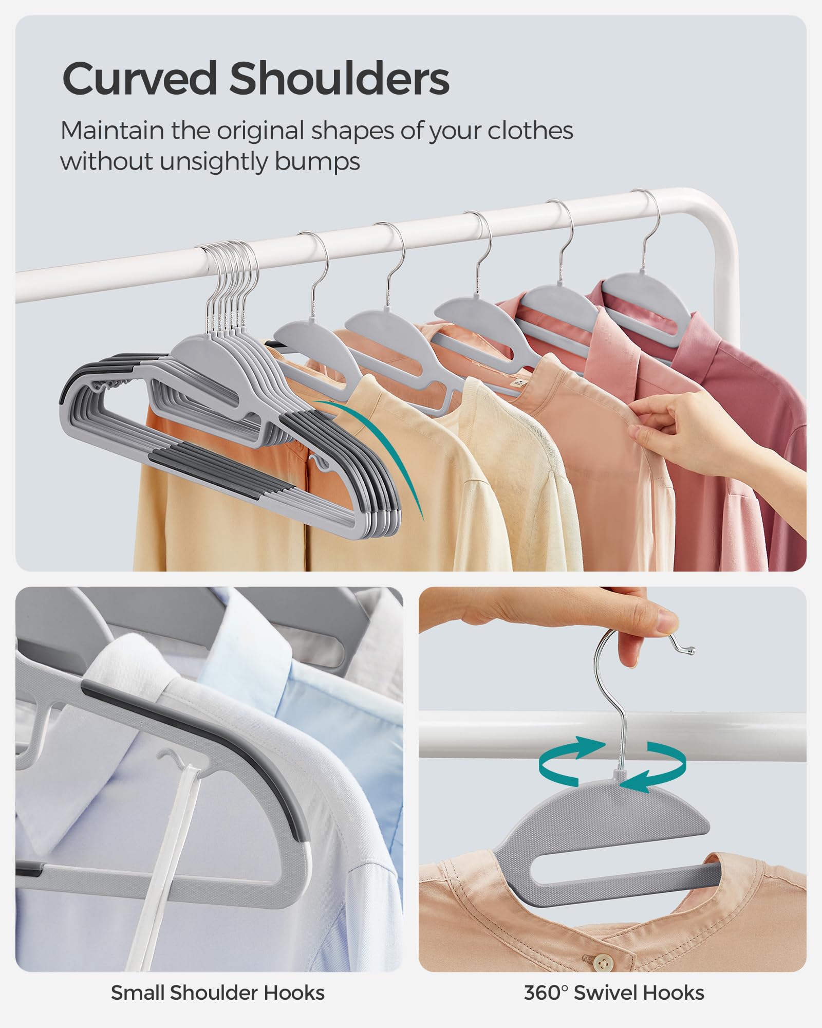 Songmics shoulder-mimic curved hangers protect garment shape and prevent marks.