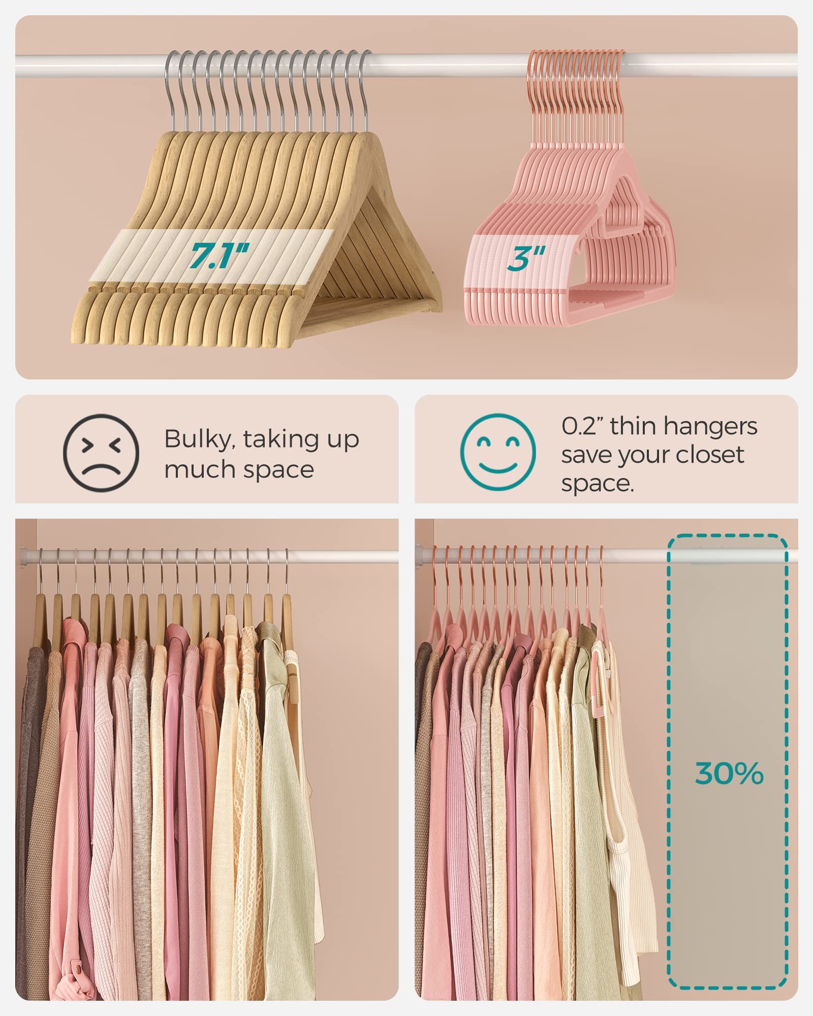 SONGMICS 0.2-inch slim design maximizes closet space and organization.