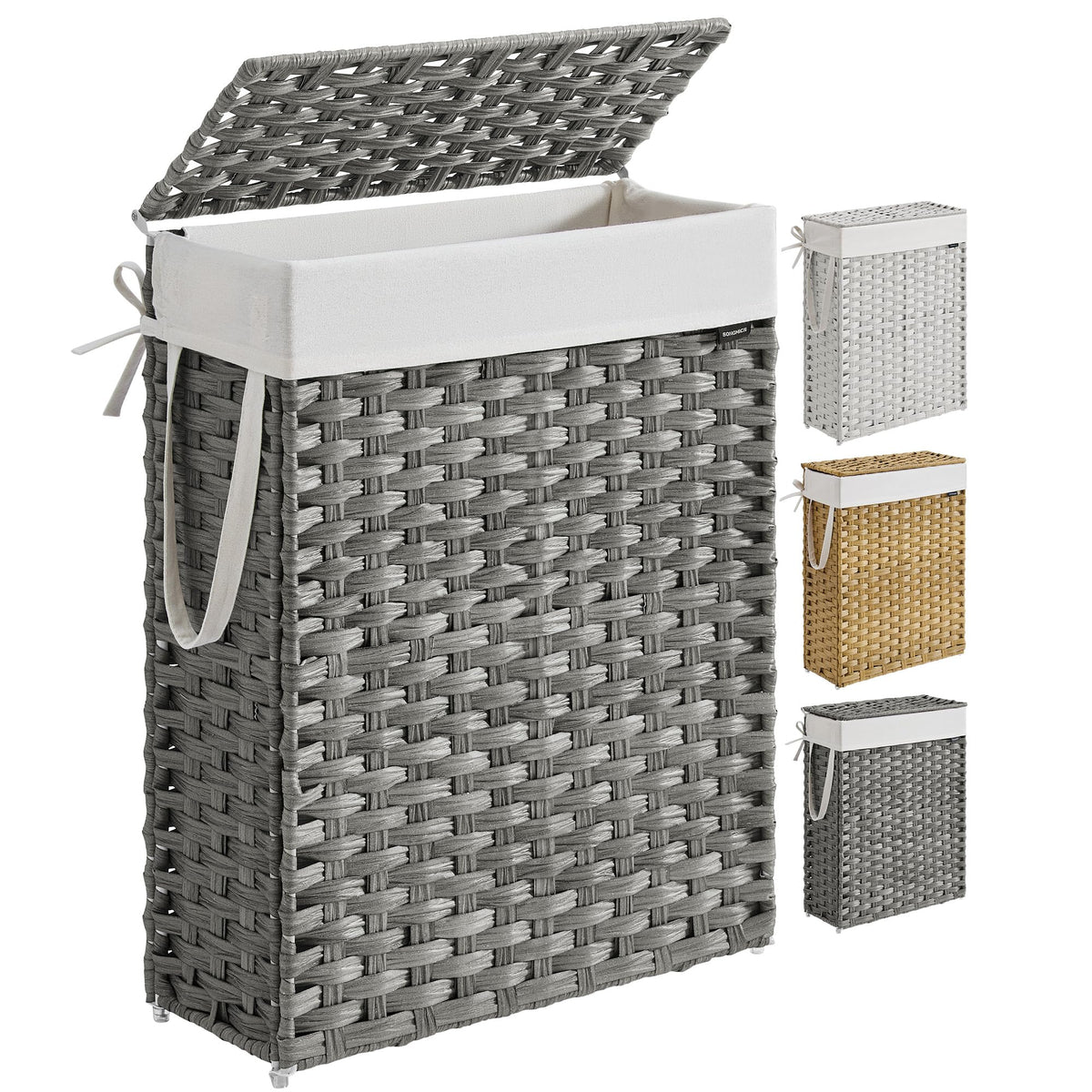 SONGMICS Slim Laundry Hamper with Lid opens one-handed for quick access and odor control.