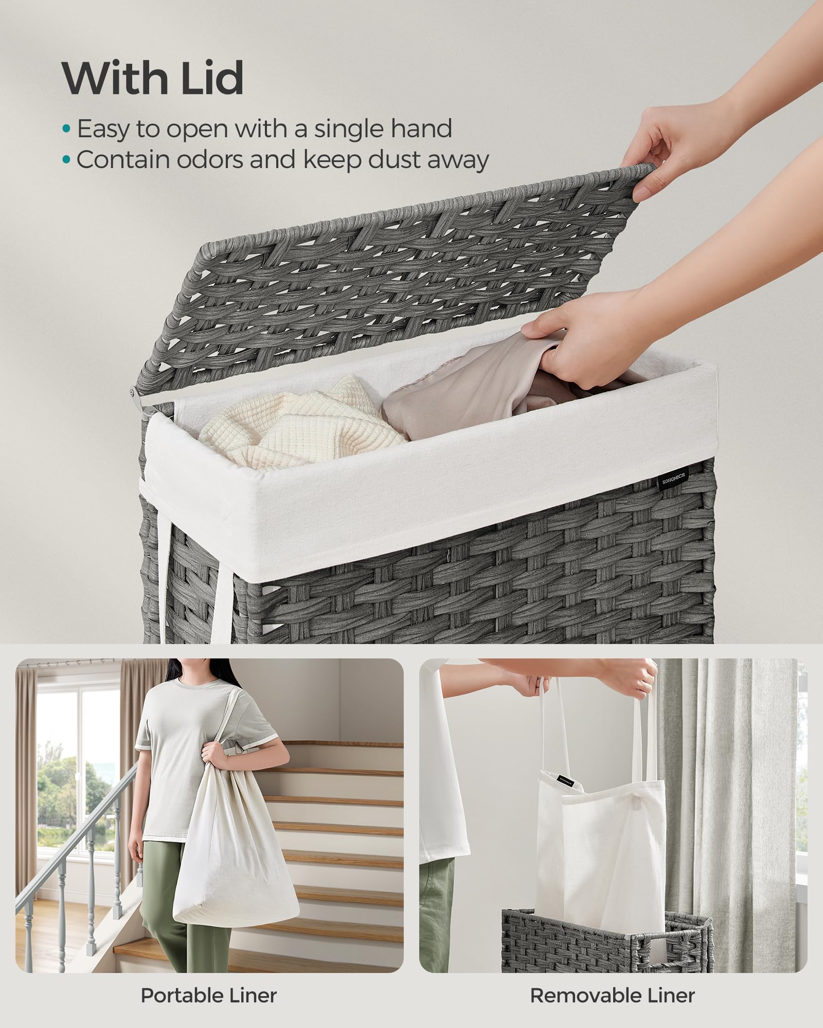 SONGMICS Slim Laundry Hamper removable liner with handles for easy transport.