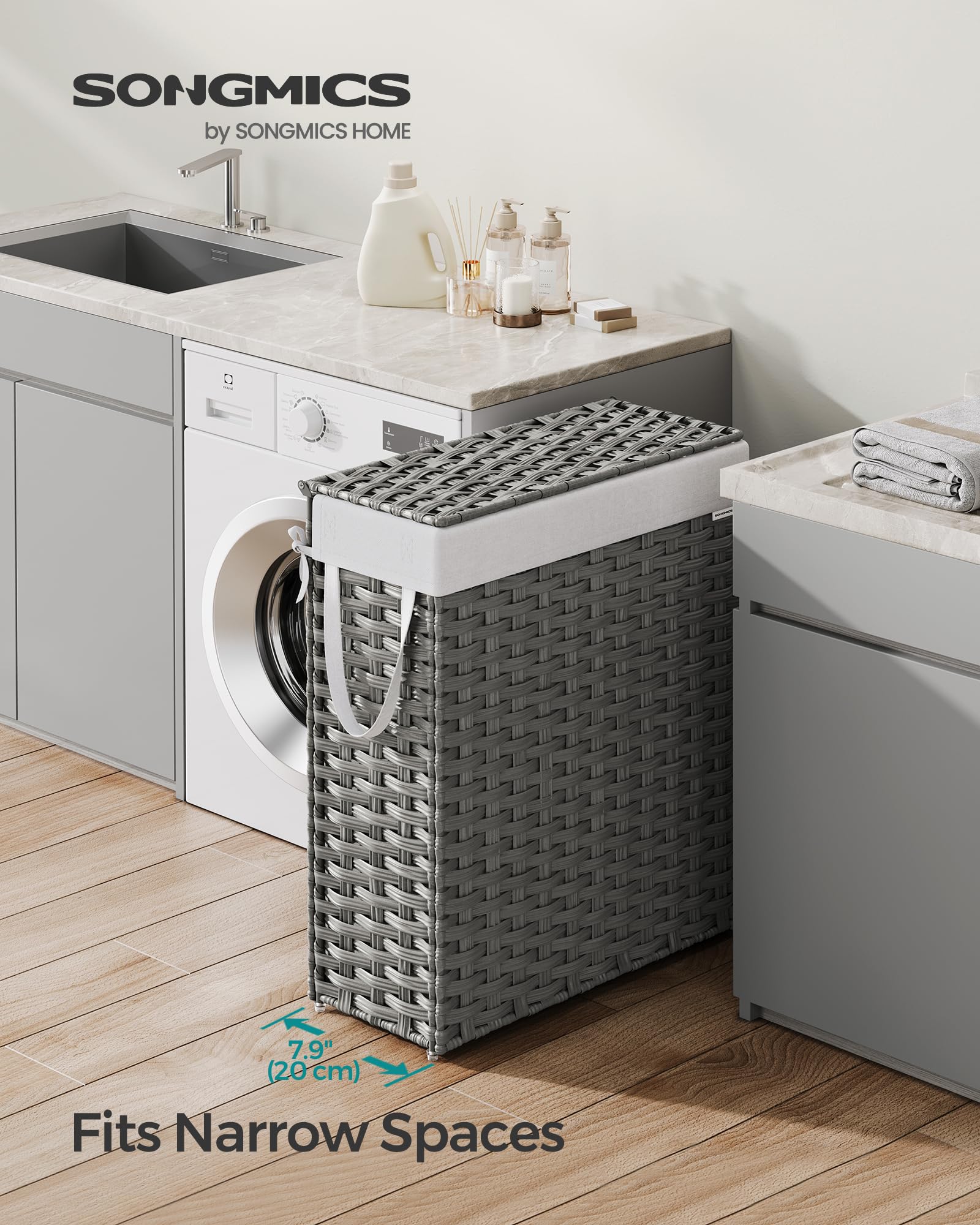 SONGMICS Slim Laundry Hamper fits tight spaces in bathrooms and bedrooms.