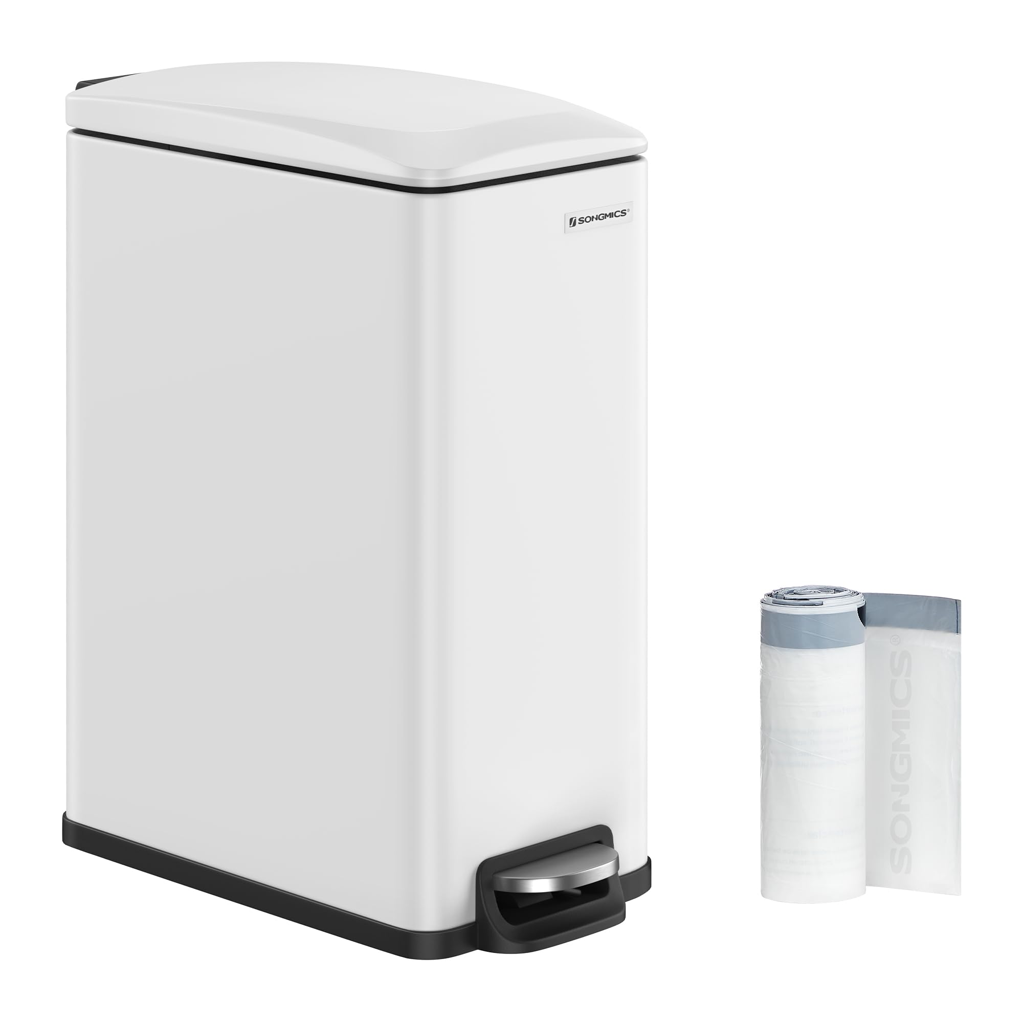 Songmics Slim Trash Can 13-Gallon fits narrow gaps for discreet waste disposal.
