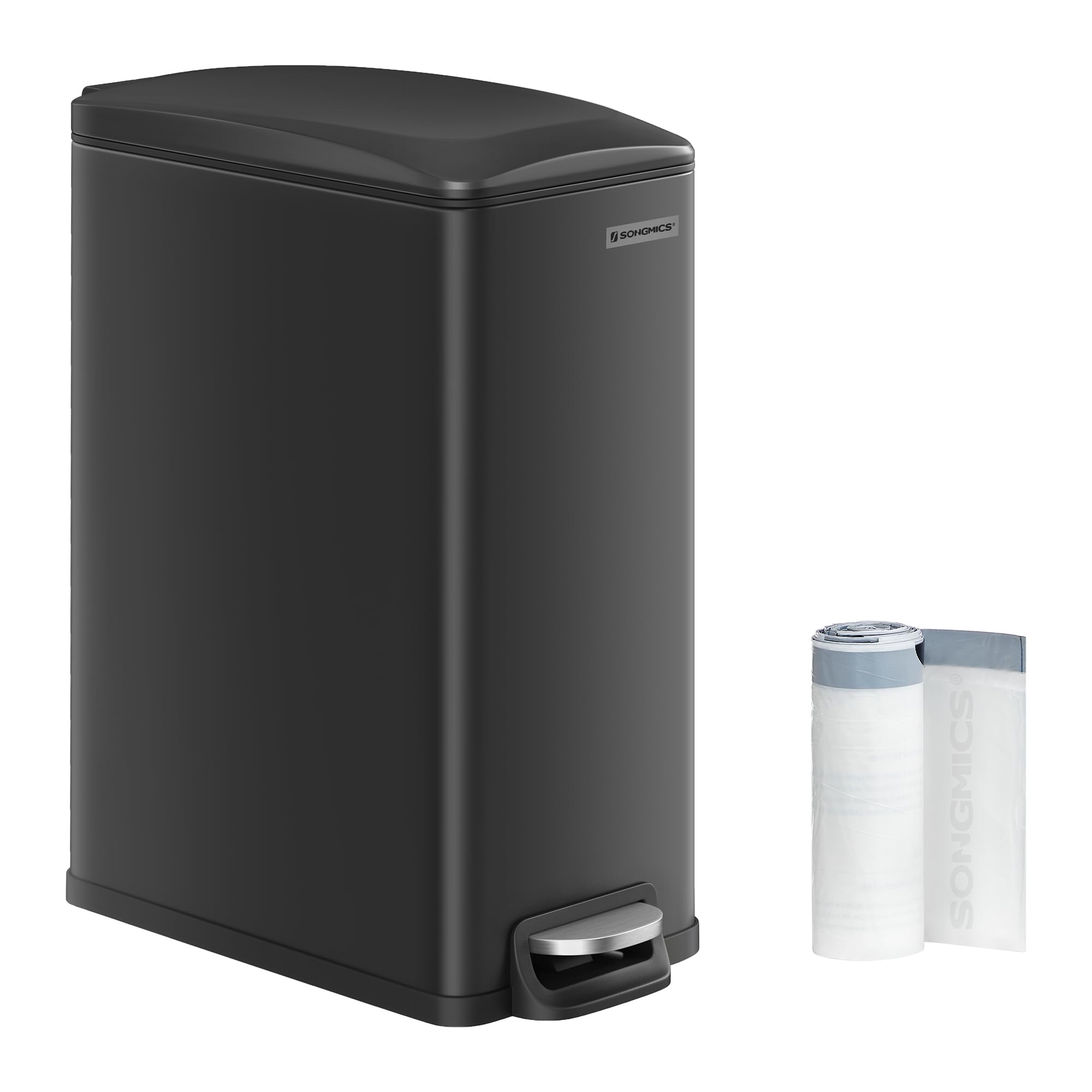 SONGMICS slim trash can front view in black stainless steel, ideal for compact spaces.