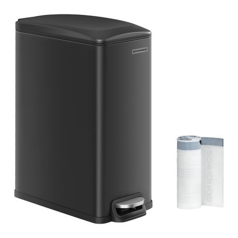 SONGMICS slim trash can front view in black stainless steel, ideal for compact spaces.