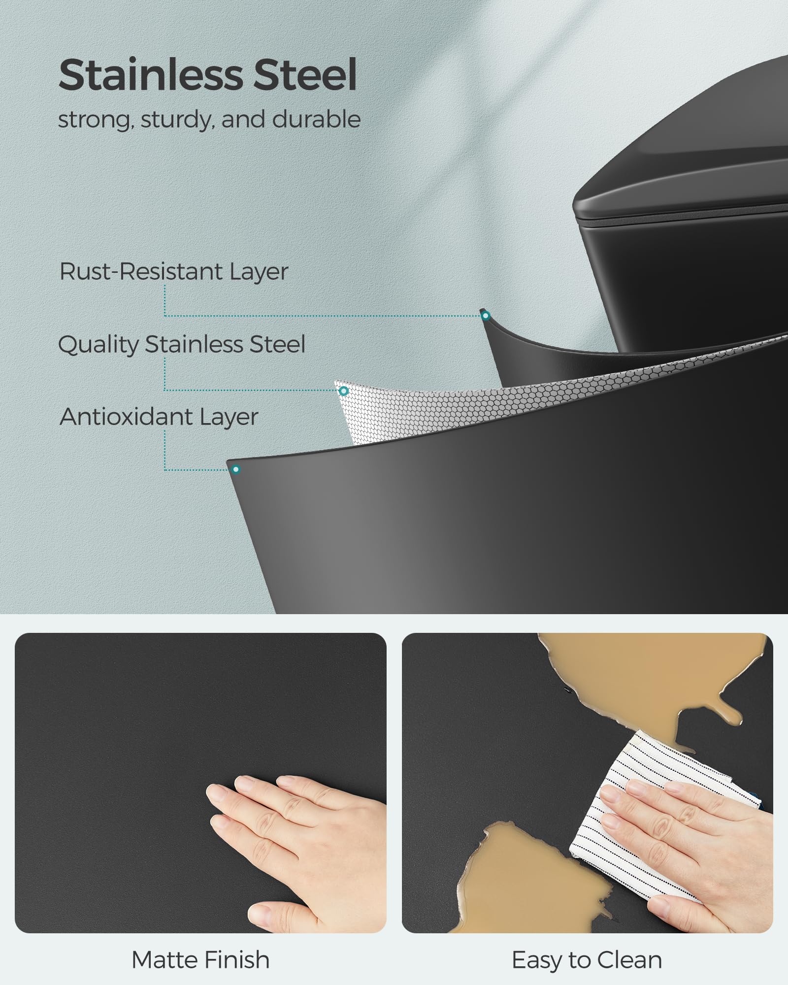 SONGMICS slim trash can inner bucket removable for easy cleaning.