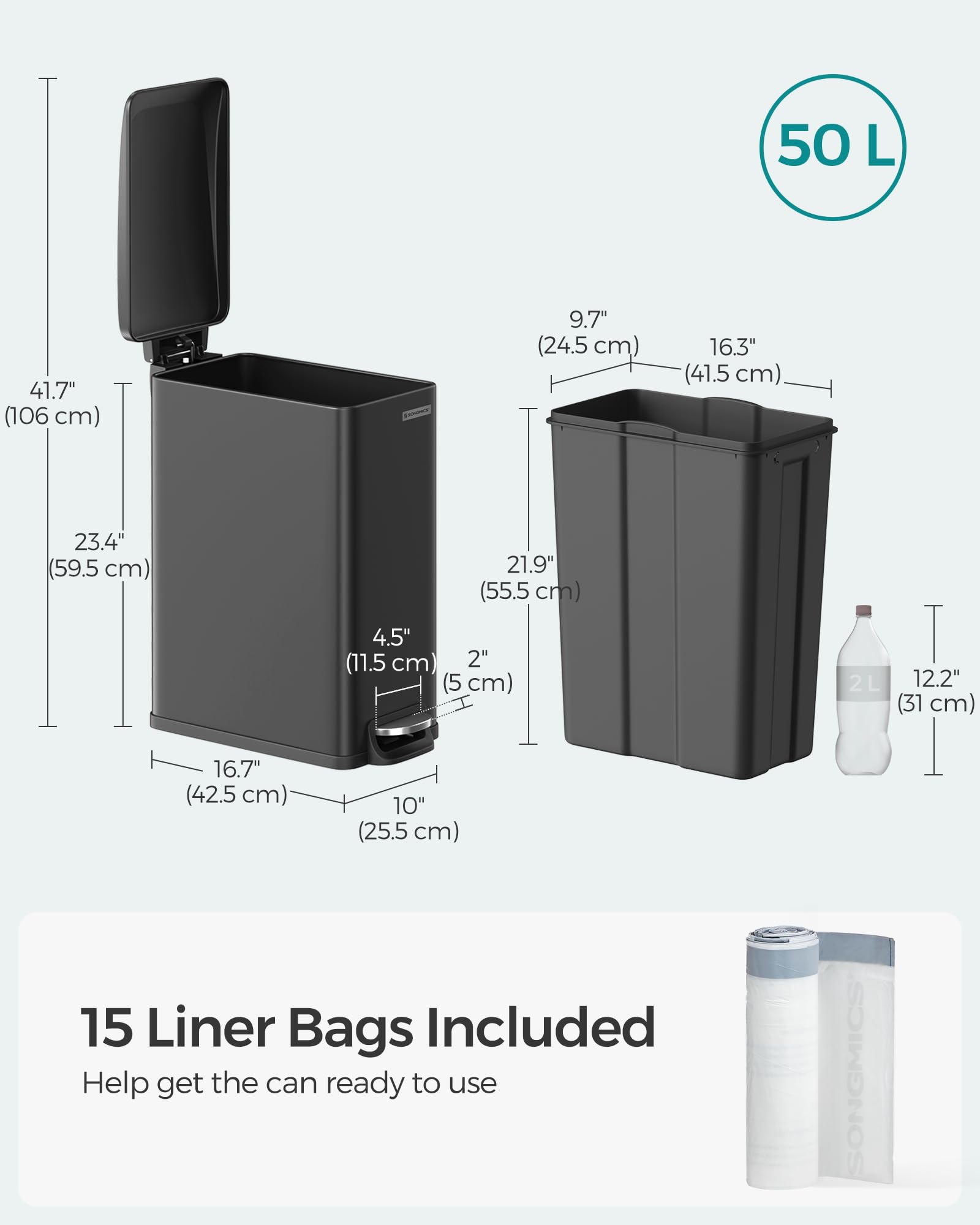 SONGMICS slim trash can sturdy metal pedal for lasting use.