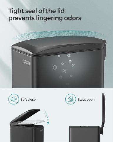 SONGMICS slim trash can with soft-close lid reducing noise during use.