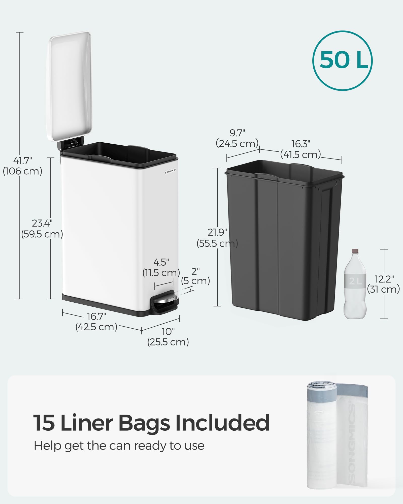 Songmics Slim Trash Can includes 15 liners for quick bag changes.