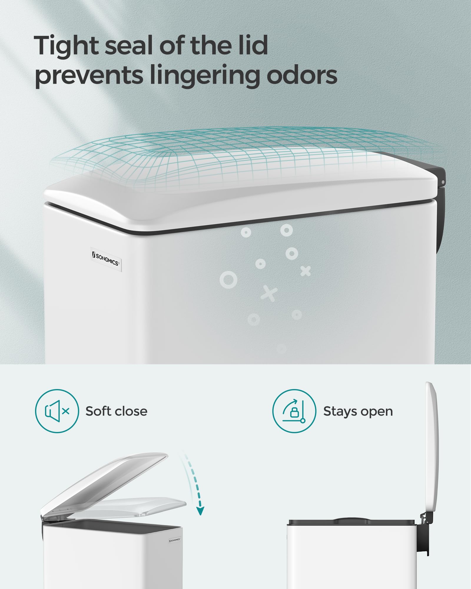 Songmics Slim Trash Can stainless steel white finish matches modern kitchens.