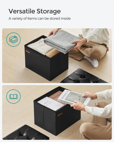 Songmics small folding storage ottoman folded flat for space-saving storage.