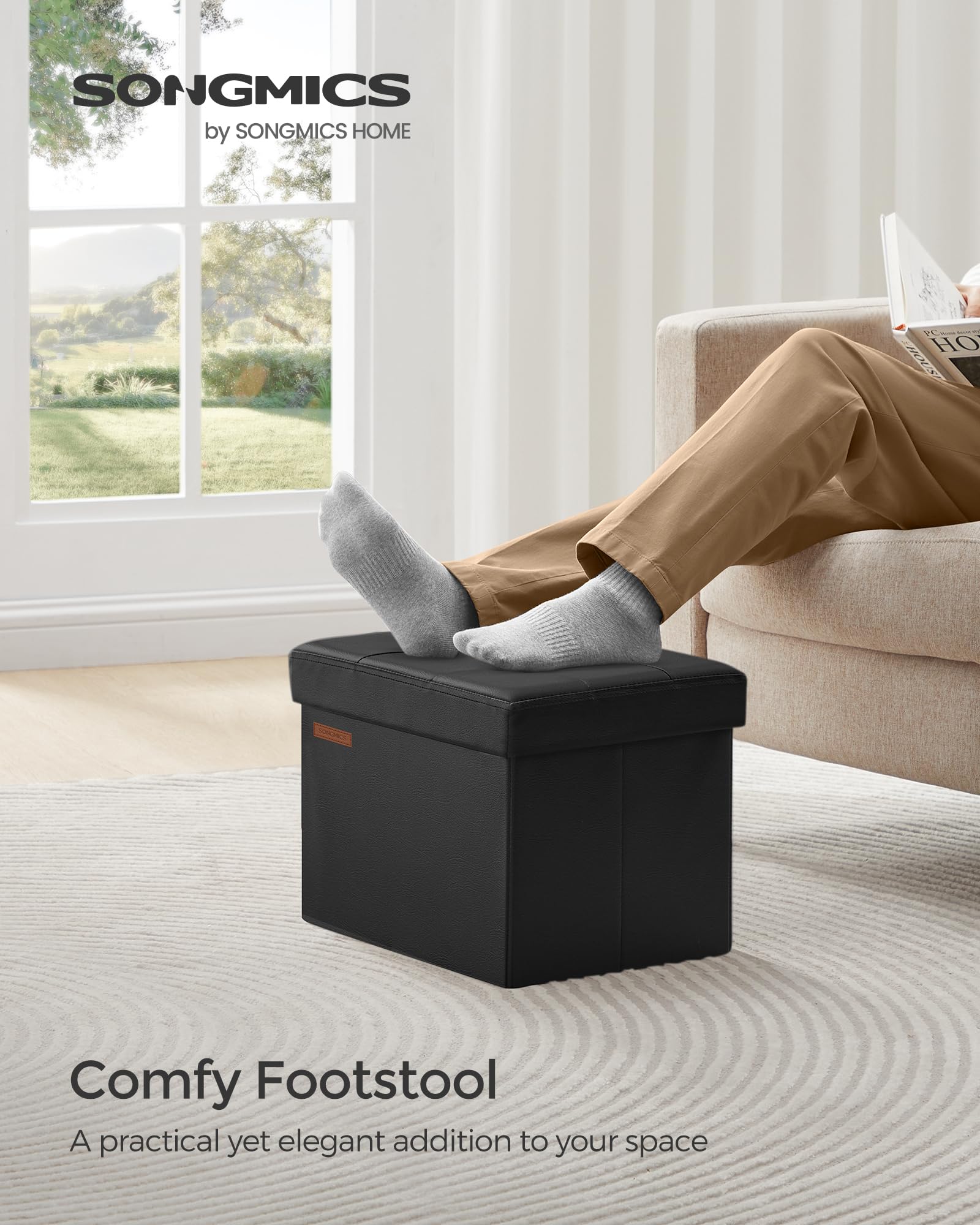 Songmics small folding storage ottoman side angle; sturdy frame supports up to 286 lb.