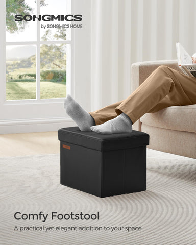 Songmics small folding storage ottoman side angle; sturdy frame supports up to 286 lb.