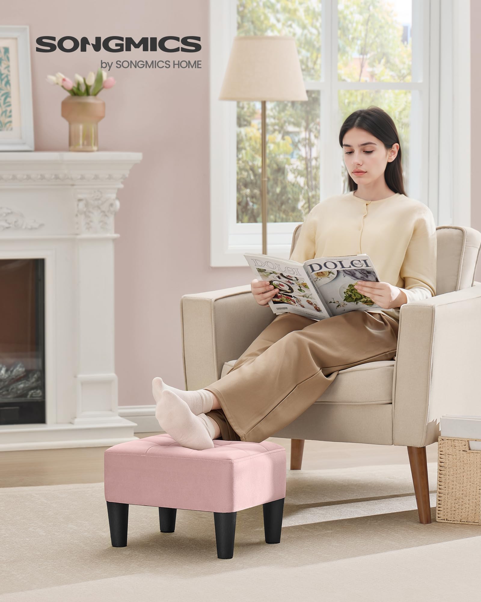 SONGMICS small ottoman seat provides extra seating in living rooms and bedrooms.