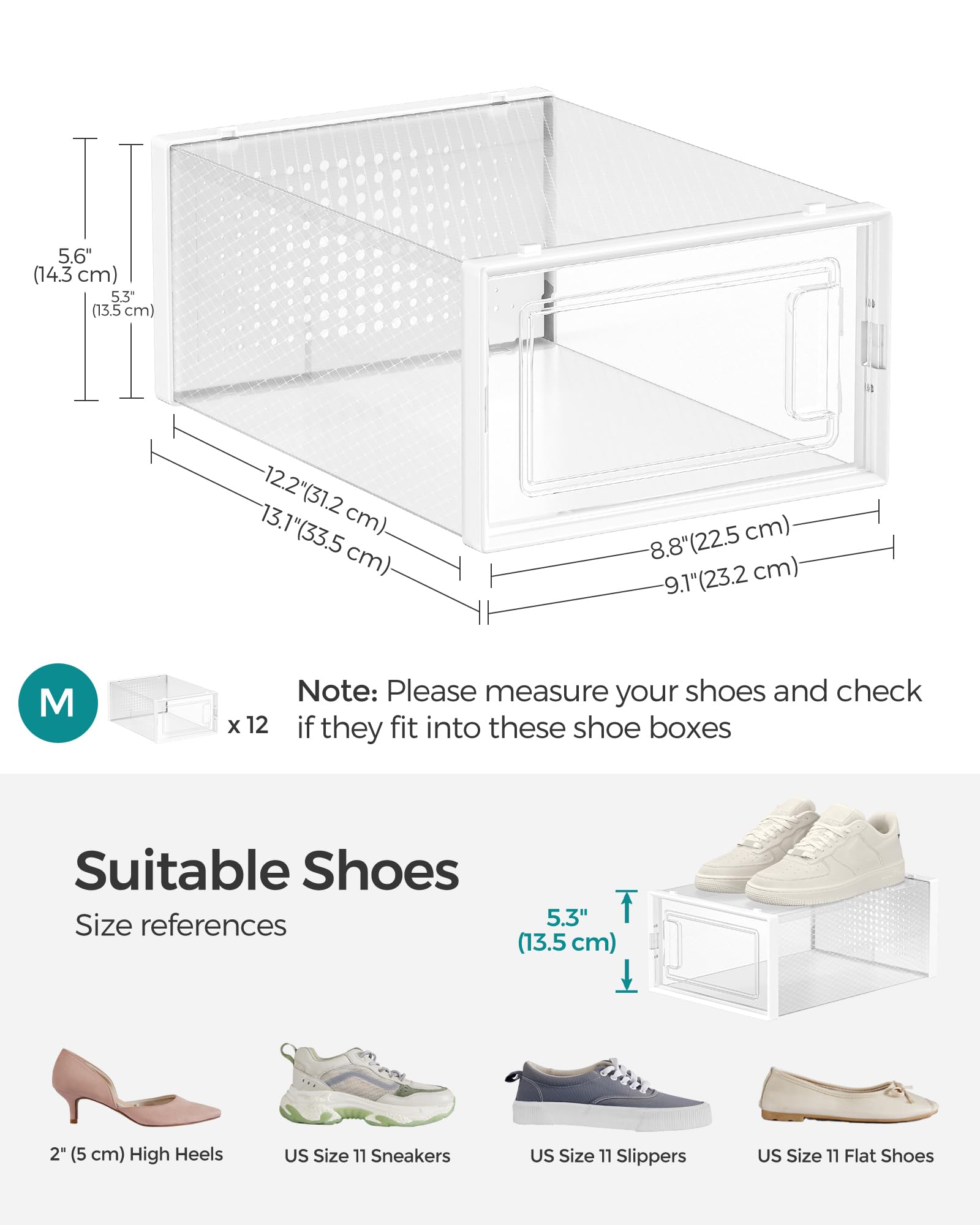 SONGMICS closet organization with twelve boxes for sneakers and shoes.
