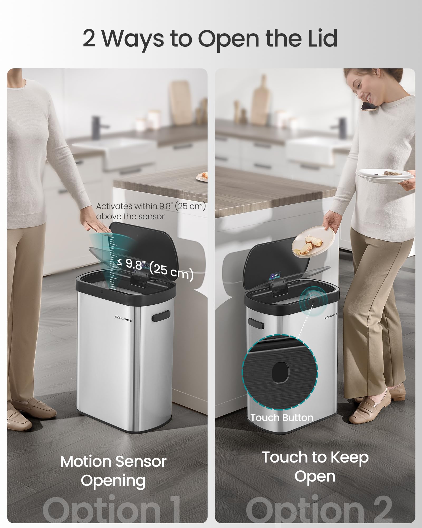 SONGMICS soft-close lid ensures quiet operation in daily trash disposal.