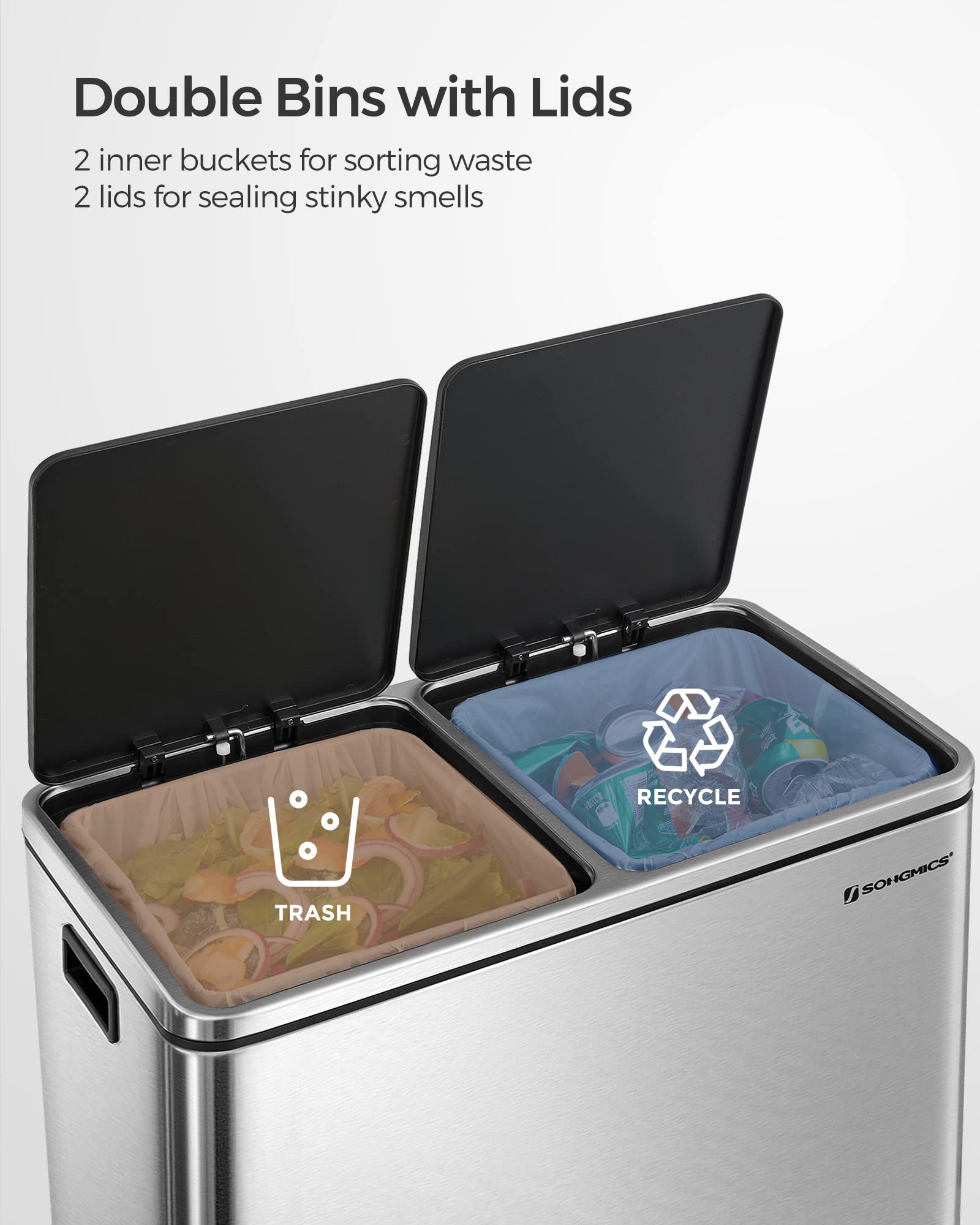 Soft-close lid on SONGMICS trash can for quiet operation