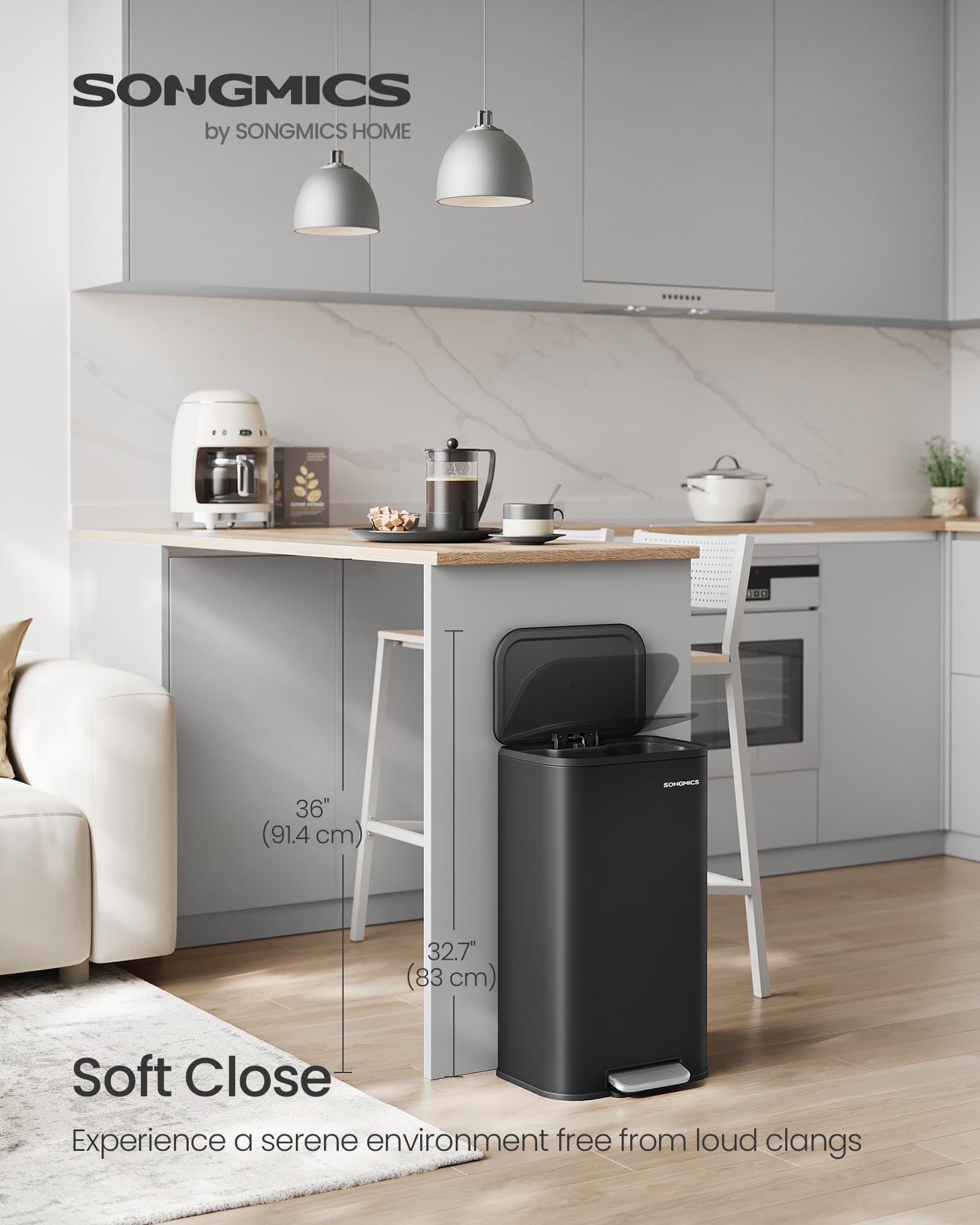 Songmics soft-close lid trash can demonstrates quiet operation and sleek steel finish