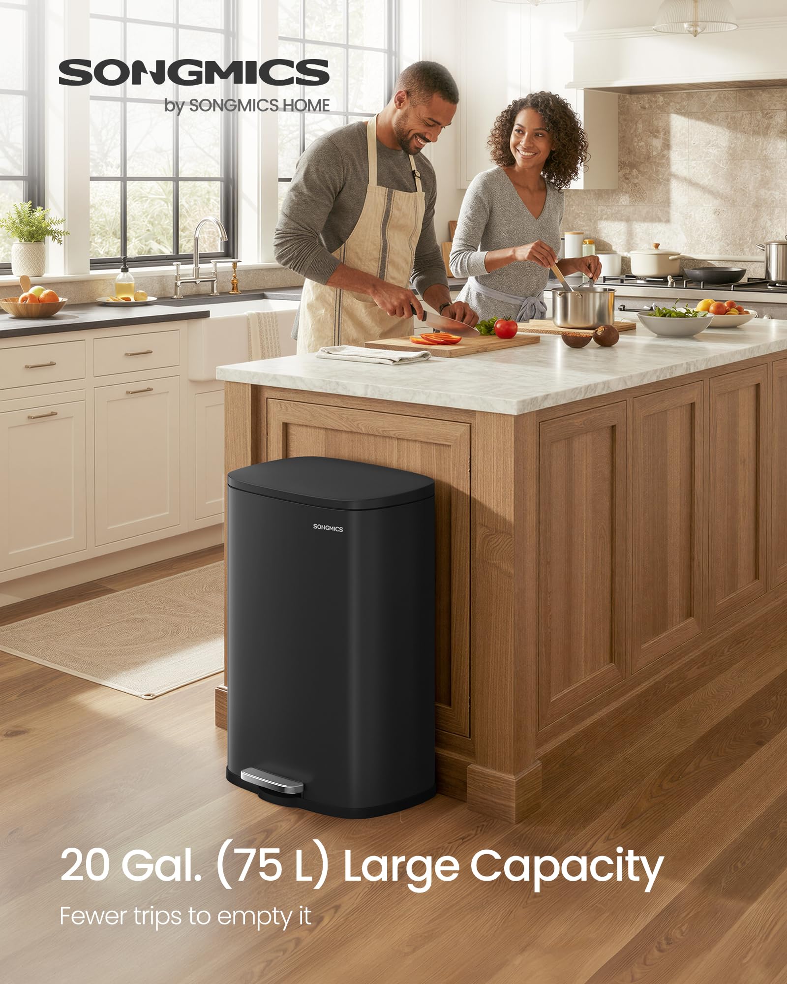 SONGMICS soft-close lid reduces noise during trash disposal for a calmer kitchen.