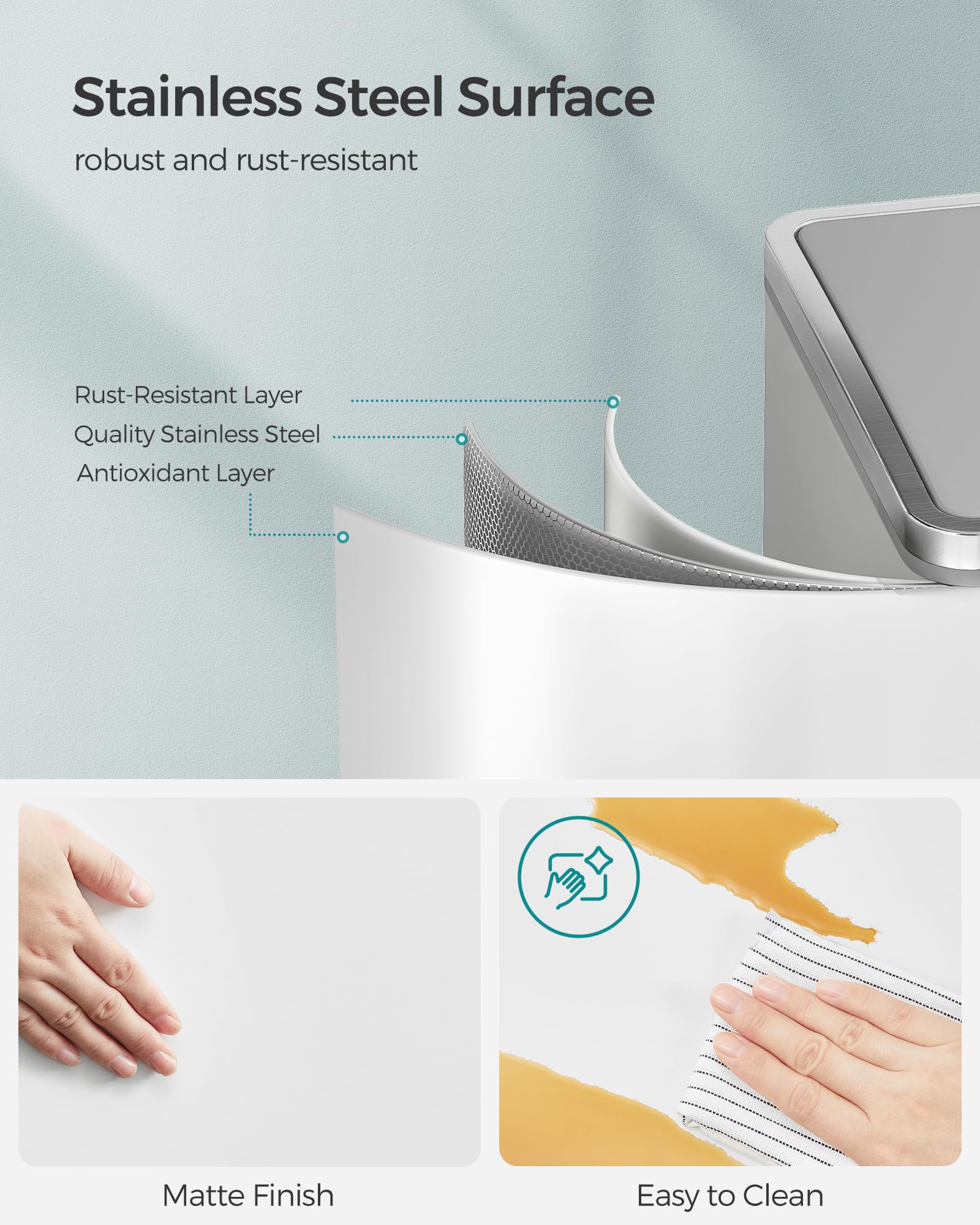 SONGMICS soft-close lid prevents loud slams in busy kitchens.