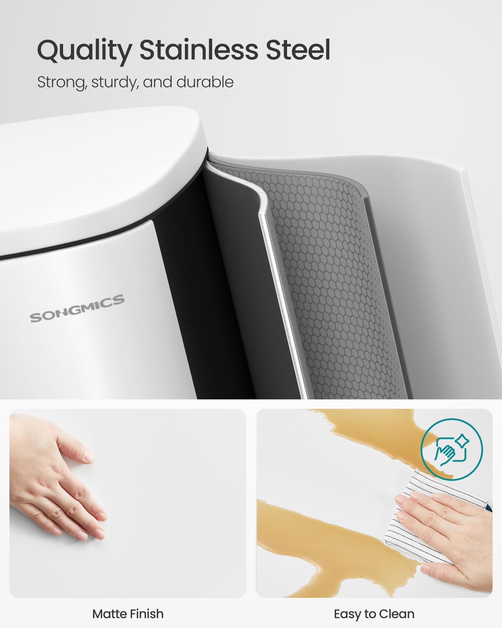 Songmics soft-close lid delivers quiet, smooth closure in busy kitchens