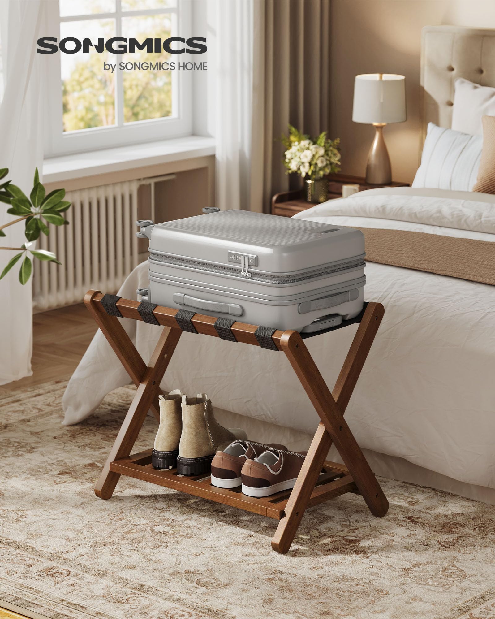 SONGMICS luggage rack folded with slim storage profile.