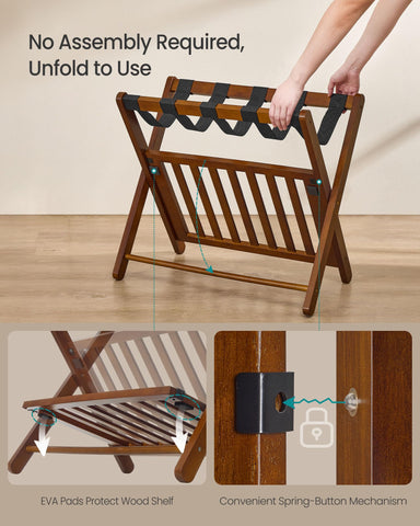 SONGMICS solid wood luggage rack lower shelf keeps items off the floor.