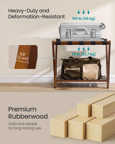 SONGMICS luggage rack wood grain finish complements any decor.