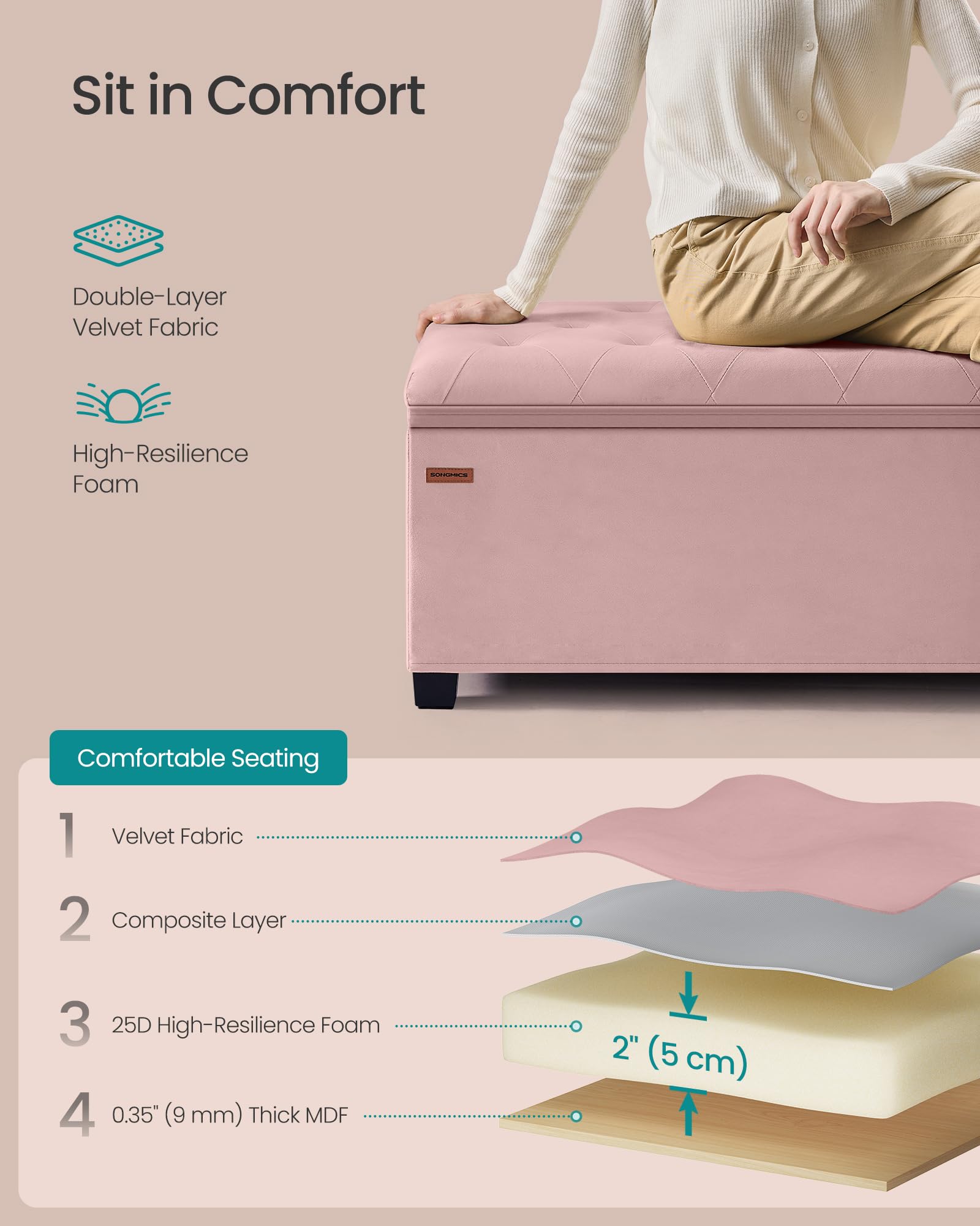 SONGMICS 103-liter spacious storage inside the bench for blankets