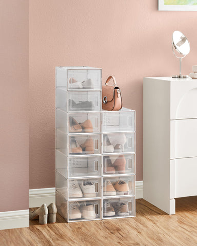 SONGMICS stackable shoe boxes demonstrating secure, space-saving storage.