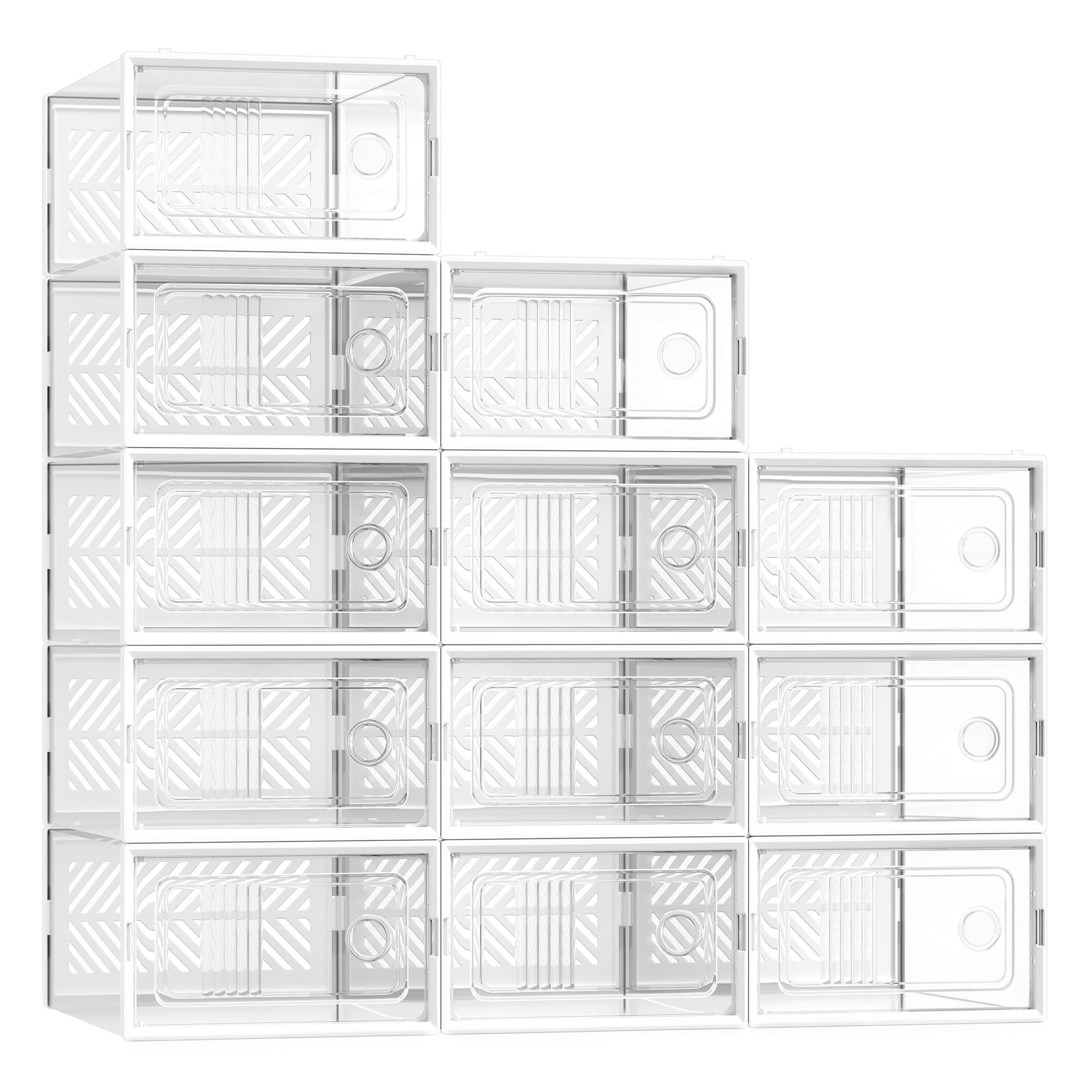 SONGMICS Stackable Shoe Boxes front view with clear doors for quick selection.