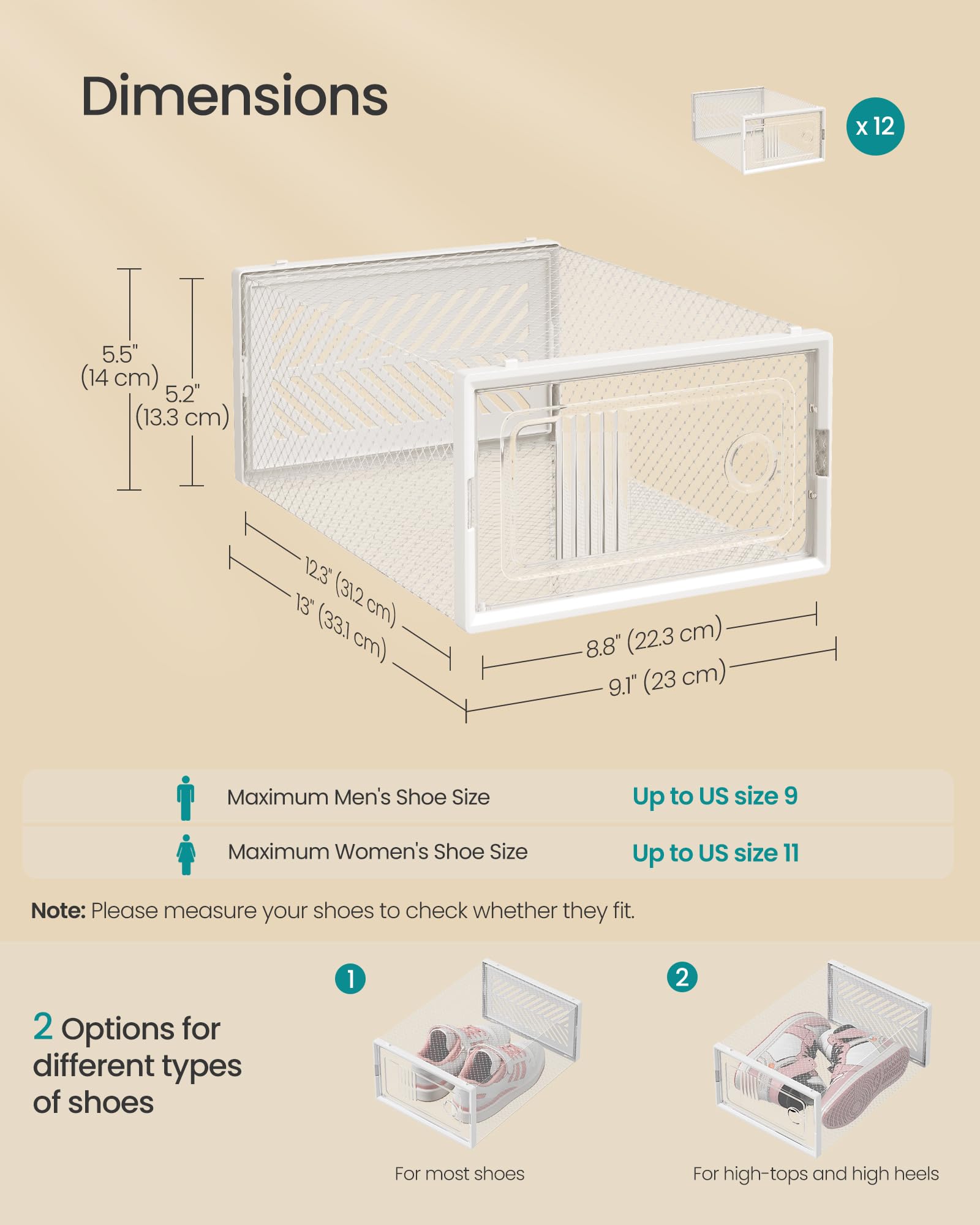 SONGMICS Stackable Boxes inner dimensions show fit for common shoes up to US size 11.