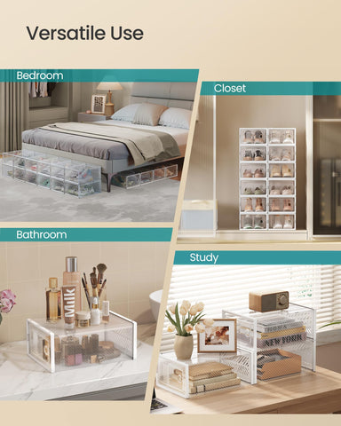 SONGMICS 12-pack transparent and white boxes ideal for organized footwear.